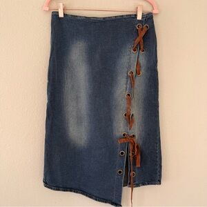 Vintage Y2K Denim Midi Skirt M/L Asymmetric Lace Up McBling Western Cowgirl